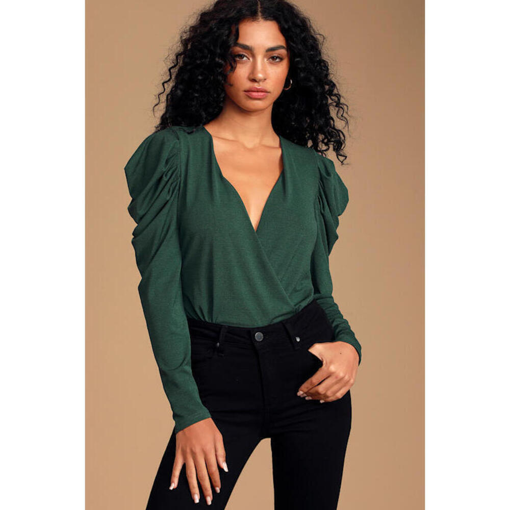 Lulus Drumroll, Please! Forest Green Long Sleeve Surplice Bodysuit - Size S
